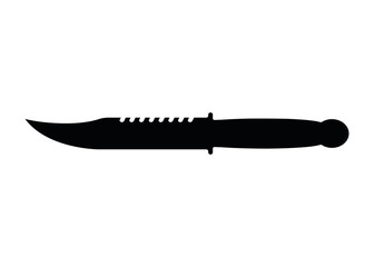 Hunting steel knife with wooden handle, concept simple black vector illustration, isolated on white. Self defense melee weapon, military blade.