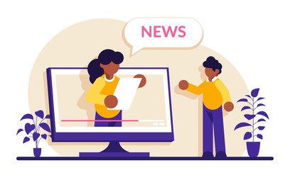 Video news concept. The TV presenter talks about the current news. Man watches a TV show on a monitor screen. Modern flat illustrator.