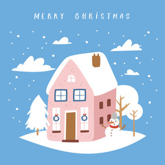 Hand drawn Christmas greeting card with snow house and festive quote. Creative vector artwork with cozy Winter illustration of decoration for Home. Cartoon Holidays background, poster, postcard