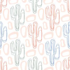 One line Cactus seamless in abstract style. Cute vector floral pattern background. Scandinavian style print.