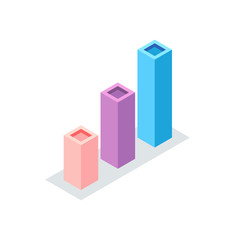 Rising colorful square columns on white, element of researching, geometric chart report symbol, 3d visualization of growing graph, creative vector