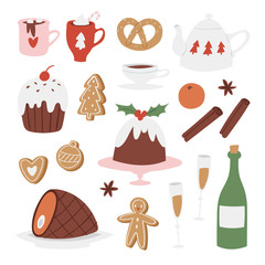 Traditional set of christmas food, desserts and drinks. Family dinner table with classic festive dishes and sweets - pudding, cookies, hot chocolate, pork, gingerbread. Cartoon vector illustration