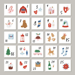 Christmas advent calendar with cute hand drawn design elements and numbers. Abstract  countdown printable tags collection for Winter Holidays, New Year, Xmas. Vector illustration for children
