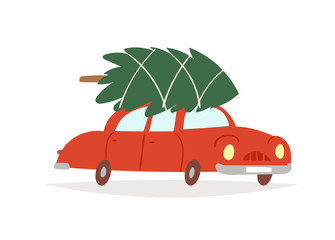 Merry Christmas and happy new year greeting card. Small red retro car with christmas tree on the top. Special delivery vector Illustration, postcard, poster, event invitation, party template.