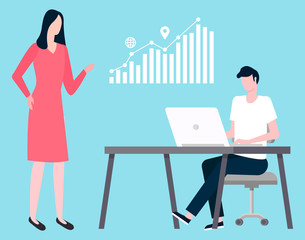 Manager sitting at table with laptop, coworker pointing on graphs and charts. Vector business analytics discussing financial issues, brokers collaboration