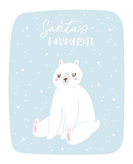 Hand drawn greeting card with Christmas quote and cute polar bear. Creative vector artwork with cozy Winter illustration of decoration for Home. Doodle Holidays background, poster, postcard