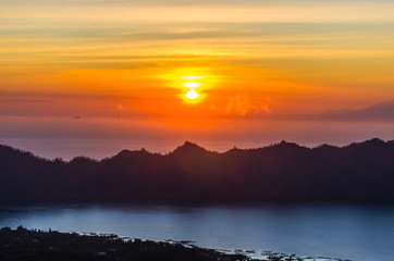 Sunrise panorama view from top of Batur volcano