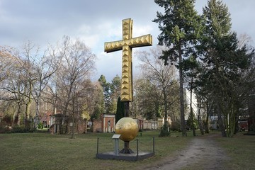 Berlin, Germany_04, February 2019_Former tower cross of the Upper Parish and Cathedral Church in...