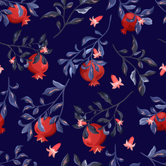 Red pomegranate fruits with flowers on a blue background. Branches, garden plants, seamless pattern.