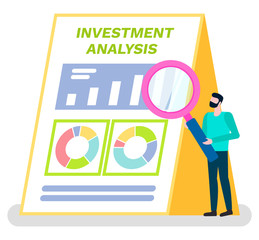 Investment analysis board decorated by growth graph and diagram, man holding loupe. Advertising and worker with magnifier, marketing technology vector