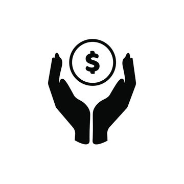 Coin with a dollar sign between two palms. Hands are holding a coin. Vector icon, flat minimal design, isolated on white background, eps 10.