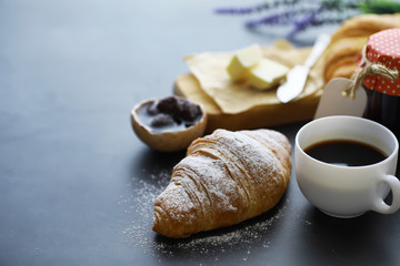 Fresh pastries on the table. French flavored croissant.