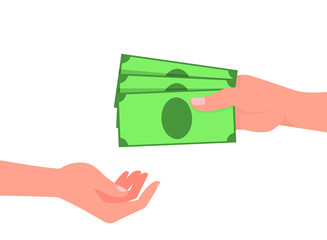 Hand gives money to the other hand, advance payment, bribe. Vector illustration, flat cartoon design, isolated on white background, eps 10.