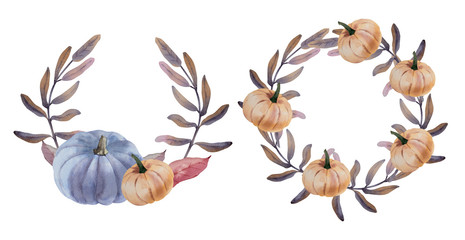 Watercolor wreath with pumpkins and leaves. Halloween theme.