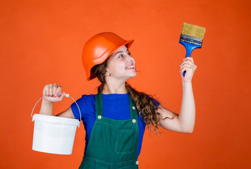 lets start. childhood and people concept. teen kid ready for painting. girl in protective helmet...