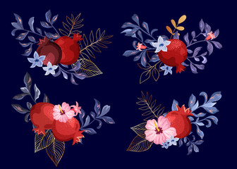 Fototapeta na wymiar Decorative compositions, bouquets of pomegranate and gold leaves. Set of botanical clip art.