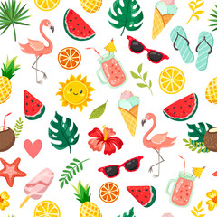 Decorative summer elements on a white background. Flamingo and fruits with tropical leaves, summer holiday, seamless pattern