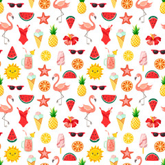 Decorative summer elements on a white background. Flamingo and fruits with tropical leaves, summer holiday, seamless pattern