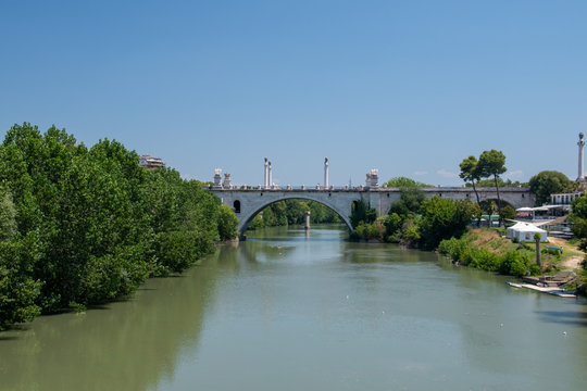 Reflections on the Tiber river, Rome, Italy. Flaminio bridge	
