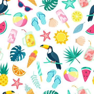 Symbols of summer holidays. Beach party, ice cream and drinks, tropical plants and birds on a white background. Seamless pattern.