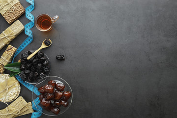Healthy foods. Dried fruits for diet. Prunes, dates, raisins and figs. Healthy and proper nutrition...
