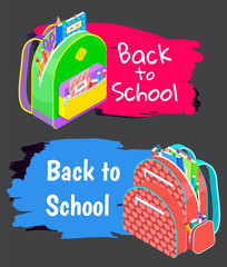 Colored school backpack. Education and study back to school, schoolbag luggage, rucksack vector illustration. Kids school bag with education equipment. Backpacks with study supplies. Student satchels