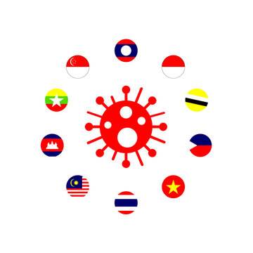 The COVID-19 virus (2019-nCoV) spread to ASEAN infographic with Asian country flags symbol. The outbreak of the novel coronavirus in the Southeast Asia a global health emergency. Vector Illustration.