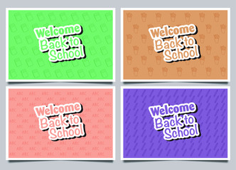 Set of school card vector illustration. Colorful emblems consisting of pencils, paper plane and signboards against a different background than school supplies. School icon