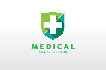 Obraz premium Medical Logo, Shield Icon with cross inside isolated on White Background. Flat style Logo Design Template, vector illustrationvector illustration