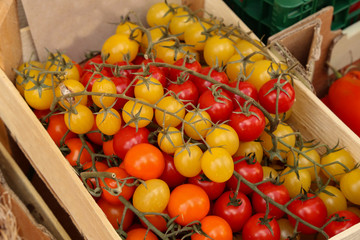 Red and yellow tomatoes in a box for sale