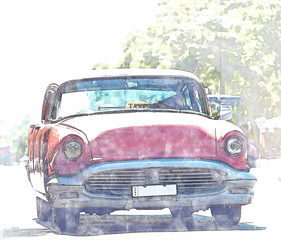 Aquarellmalerei von einem amerikanischen historischen Auto in Havanna Kuba