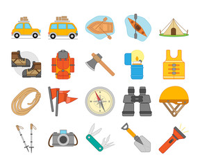 Camping and hiking outdoor equipment vector icon set