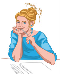 Young blonde woman with blue eyes and joyful face dressed in blue blouse thinking what to write. Work routine