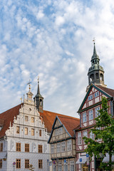 view of the old city hall building and St. Marien church in Celle in Lower Saxony