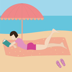 Girl on the beach with a book in her hands under an umbrella. Beach, sea and sand, girl, vector illustration.