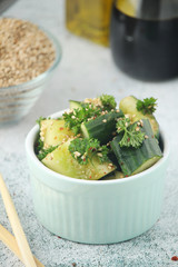 Smashed cucumbers salad, a dish of national Chinese cuisine
