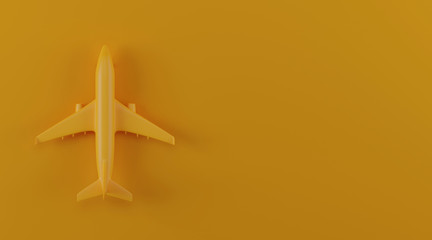 Fototapeta premium Flat lay Yellow plane isolated on yellow background. travel concept. minimal style with copy space. 3d rendering.