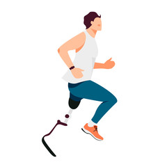 Fototapeta na wymiar Isolated on white disabled man runner vector illustration. Male athlete with prosthetic leg character design element in flat cartoon style.