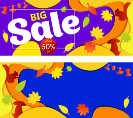Bright Banner autumn sales with leaves and silhouette squirrel. In yellow red shades on violet background. Vector illustrations, paper art and digital crafts style.