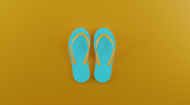 Flat lay Blue flip-flops on yellow background summer concept. 3d rendering.