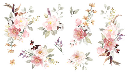 Big set of watercolor flowers bouquets.