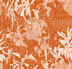 Hand Drawn Doodle Jungle, Tropical Plants Outline Seamless Pattern White on Ochre Background, Exotic Textile Summer Print