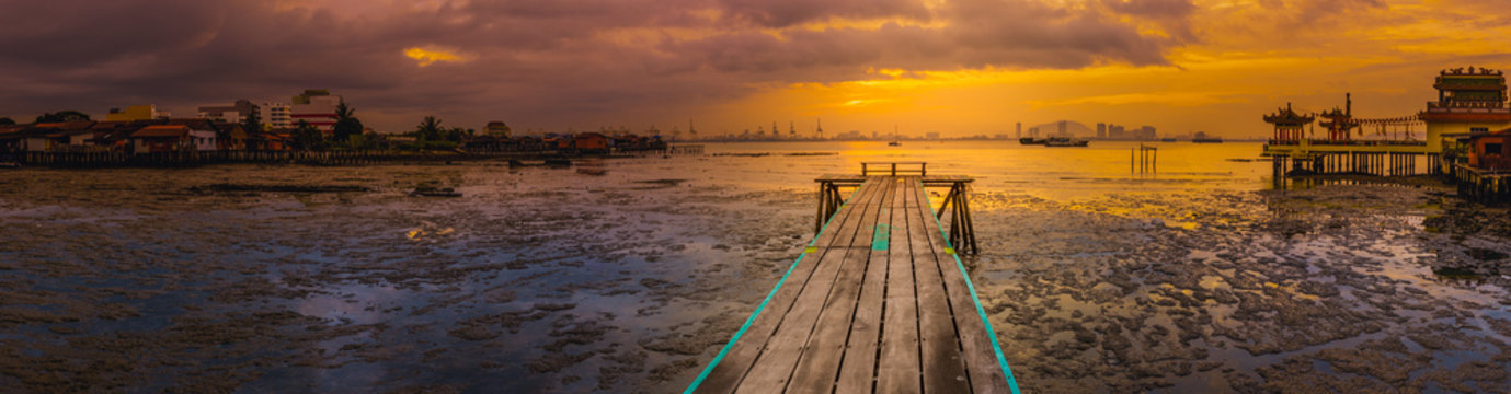 Sunrise at Penang. Yeoh jetty on the foreground , Malaysia. Panorama
