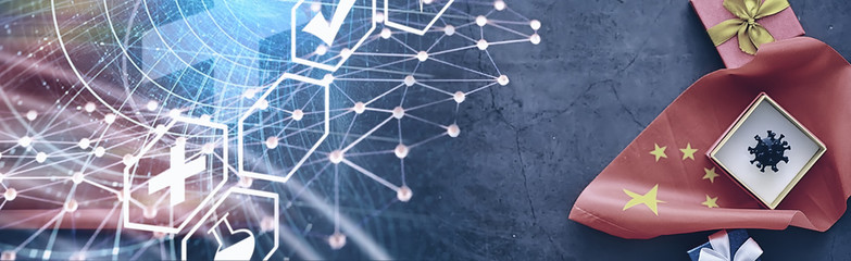The concept of the world coronavirus pandemic. The geographical location of the virus. China flag and virus model and gift box.