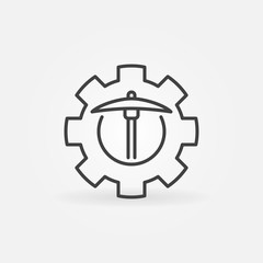 Cog Wheel with Pick Axe line icon. Data Mining vector concept linear symbol