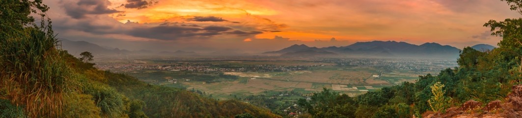 Beautiful landscape view of rice field and mountains. Panorama