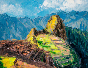 Oil Painting - Machu-Picchu, Cusco Region, Peru - obrazy, fototapety, plakaty