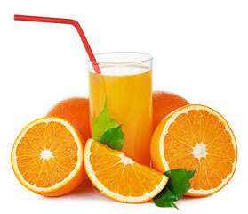 Fresh orange juice in glass isolated on white