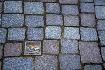 the historic rat emblem embedded in the cobblestone alleys of old town Hamelin