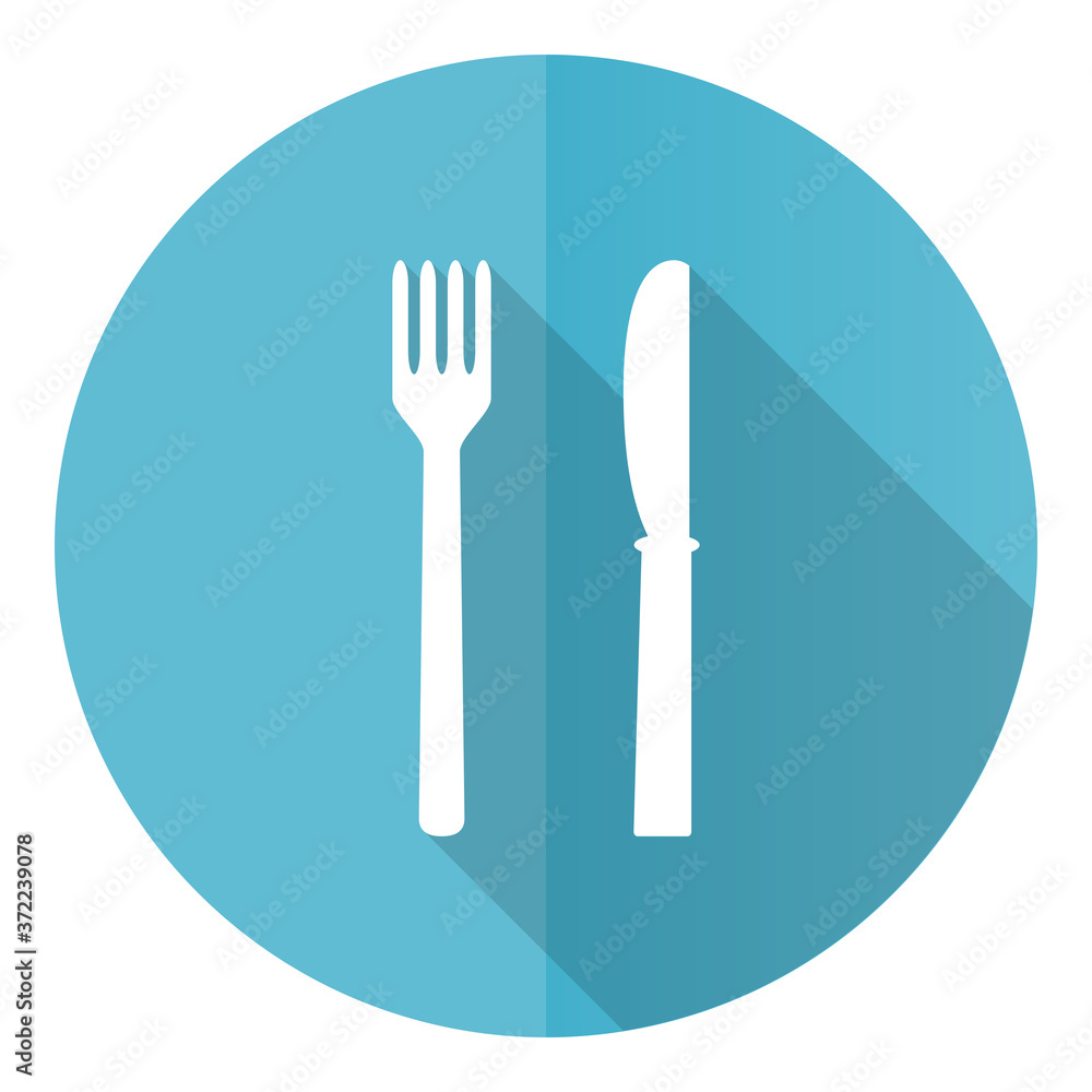 Poster Eat vector icon, flat design blue round web button isolated on white background